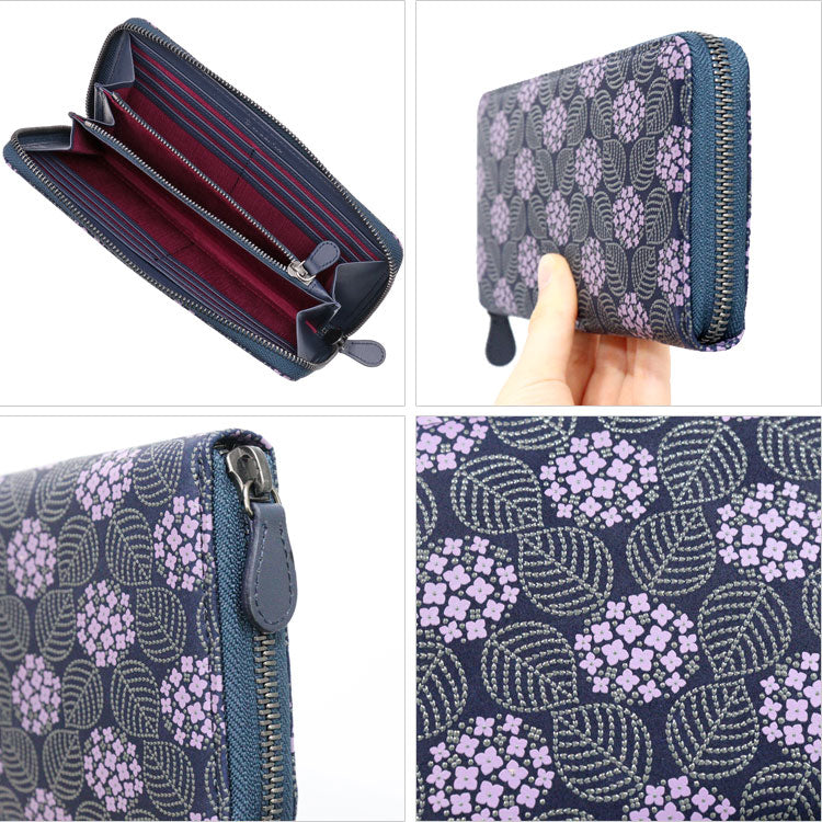 印傳屋 印伝 みその ラウンドファスナー 長財布 束入 8011 送料無料 財布 小銭入れ 花柄 紫陽花 紫 ギフト レディース