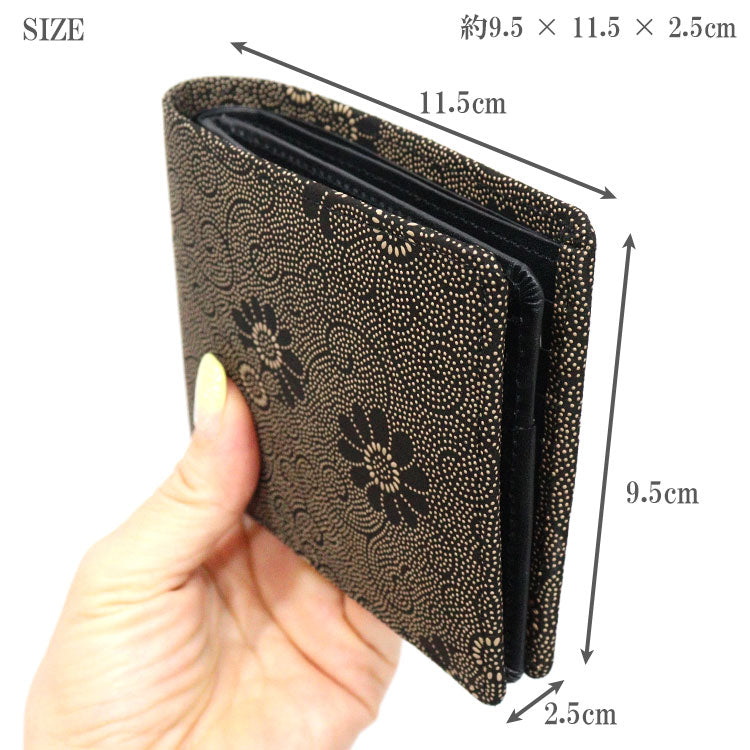 2つ折り財布 菊 黒地 白漆 印伝 2009 甲州印伝 本革 鹿革 牛革 和風 花柄 日本製 レザー レディース ブランド