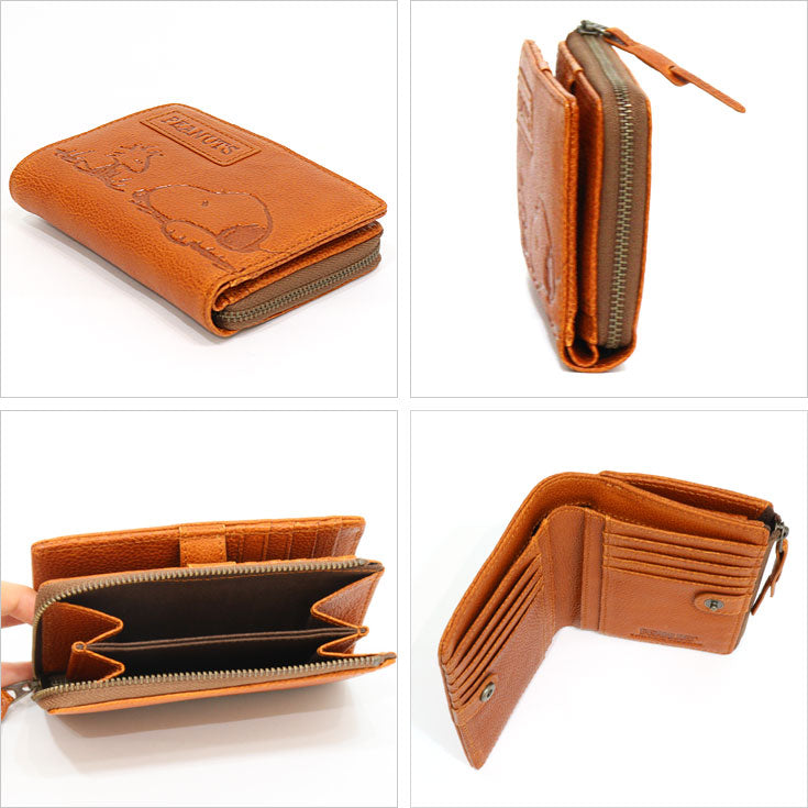 スヌーピー 二つ折り財布 財布 フェイスフレンド 73055 送料無料 PEANUTS SNOOPY ピーナッツ 二つ折り L字ファスナー 本革 レザー おしゃれ かわいいキャメル(CA)