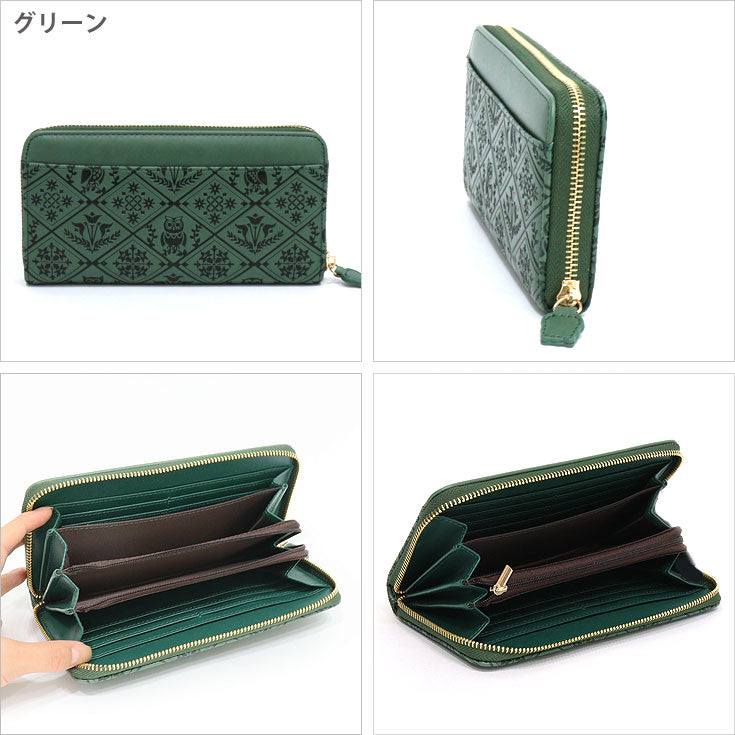 福ぶくろう 長財布 ふくろう ラウンドファスナー 財布 定形外 送料無料 金運 風水 縁起物 ゴールド グリーン 和風 和柄 フクロウ 梟 ゴールド