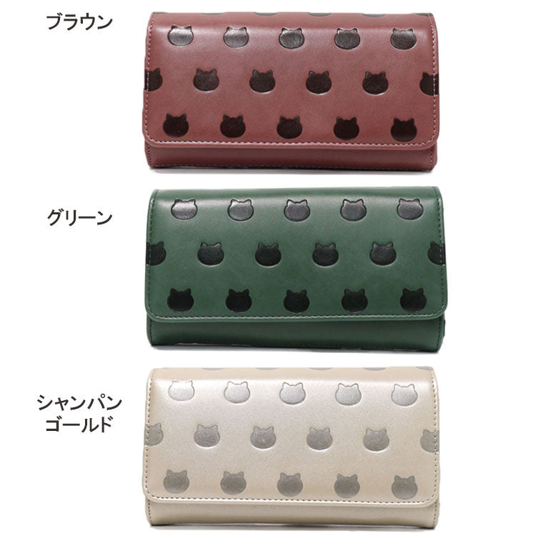 ねこねこぽこぽこ かぶせ長財布 定形外 送料無料 L字ファスナー 長財布 財布 合成皮革 ネコ 猫 型押し かわいい シンプル ブラウン