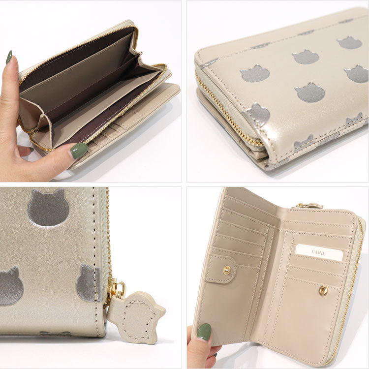 ねこねこぽこぽこ 2つ折り財布 定形外 送料無料  2つ折り 財布 合成皮革 ネコ 猫 型押し かわいい シンプル Wallet