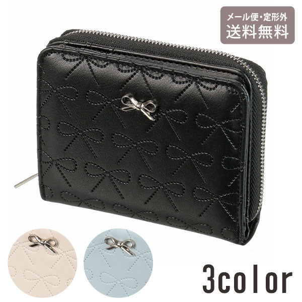 レディース 2つ折り財布 リボン柄 定形外 送料無料 ラウンドファスナー 財布 型押し 合成皮革 かわいい シンプル Wallet