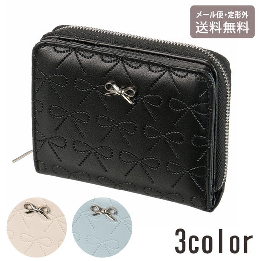 レディース 2つ折り財布 リボン柄 定形外 送料無料 ラウンドファスナー 財布 型押し 合成皮革 かわいい シンプル Wallet