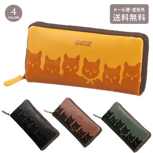 にゃんこ堂 コラボ 猫柄 ラウンドファスナー 長財布 定形外 送料無料 レディース カード収納18枚 かわいい ネコ 猫 ねこ 型押し  全4色 デザインブラック