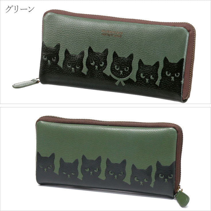 にゃんこ堂 コラボ 猫柄 ラウンドファスナー 長財布 定形外 送料無料 レディース カード収納18枚 かわいい ネコ 猫 ねこ 型押し  全4色 デザインブラック