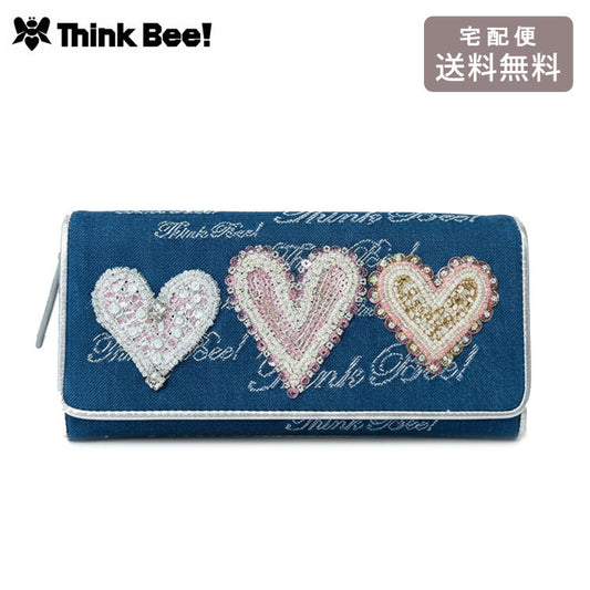 ThinkBee! ホワイトハート 長財布 A004987 送料無料 財布 レディース デニム ハート 刺繍 ビーズ スパンコール 本革 ギフト