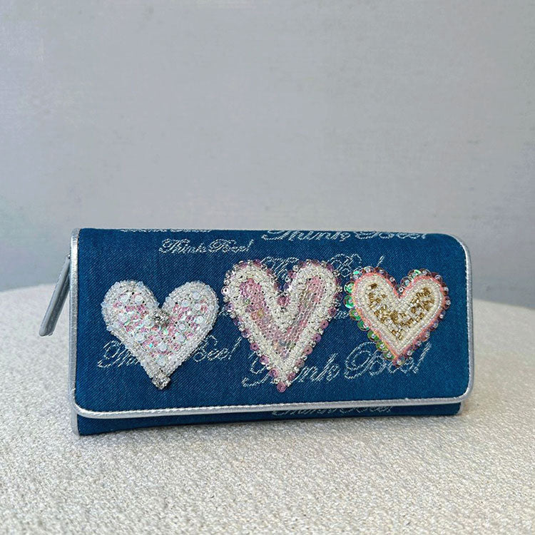 ThinkBee! ホワイトハート 長財布 A004987 送料無料 財布 レディース デニム ハート 刺繍 ビーズ スパンコール 本革 ギフト