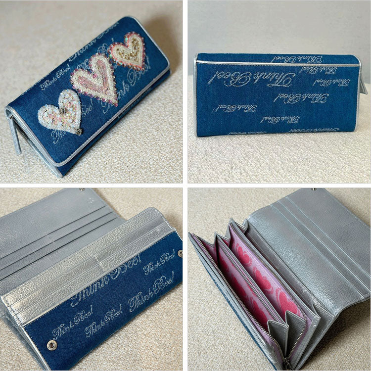 ThinkBee! ホワイトハート 長財布 A004987 送料無料 財布 レディース デニム ハート 刺繍 ビーズ スパンコール 本革 ギフト