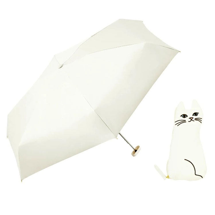 because PUおでかけキャット ミニ 晴雨兼用 折り畳み傘 B-095856 送料無料 猫 ポーチ付き ネコ 日傘 傘 遮熱 遮光 完全遮光 100% 猫ポーチ 黒猫 白猫ベージュ